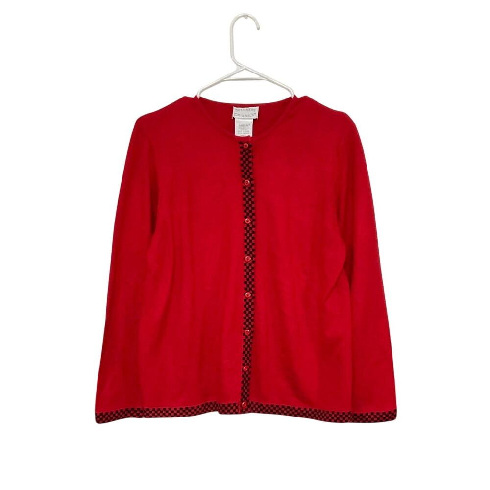 VTG Designers Originals 80s Red/Black Checkered Trim Cardigan Size Small Button